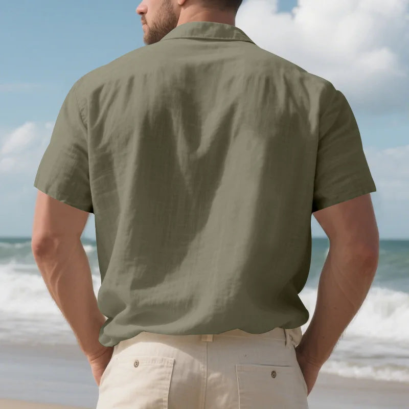 Men's Cotton Linen Short-Sleeved Shirt Summer Solid Color Stand-Up Collar Casual Beach Style plus Size S-5XL