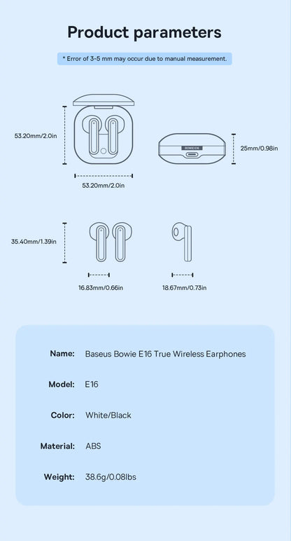 Baseus Bowie E16 Wireless Earphones Bluetooth 5.3 TWS Earbuds IPX4 Waterproof Earphone 30H Playtime 13mm Driver HIFI Headphones
