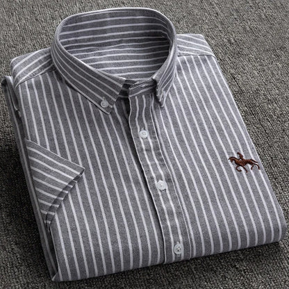 100% Pure Cotton Oxford Shirt For Men’s Short Sleeve Solid Stripe Leisure Embroidered Horse Social Business Formal Dress Shirts