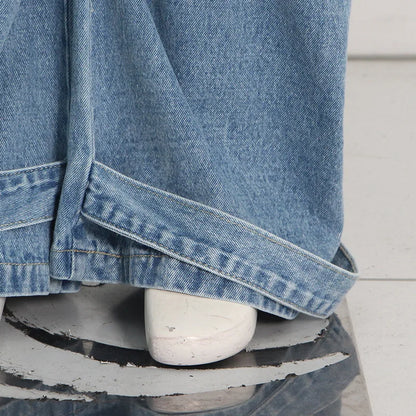 Trendy Women's Denim Workwear | Street Style Black & Grey Multi-Pocket Jeans | American Casual High-Waist Functional Design