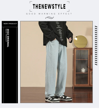 2023 New Korean Fashion Men's Casual Ankle-Length Jeans Classic Man Straight Denim Wide-leg Pants Light Blue Grey Black 3XL
