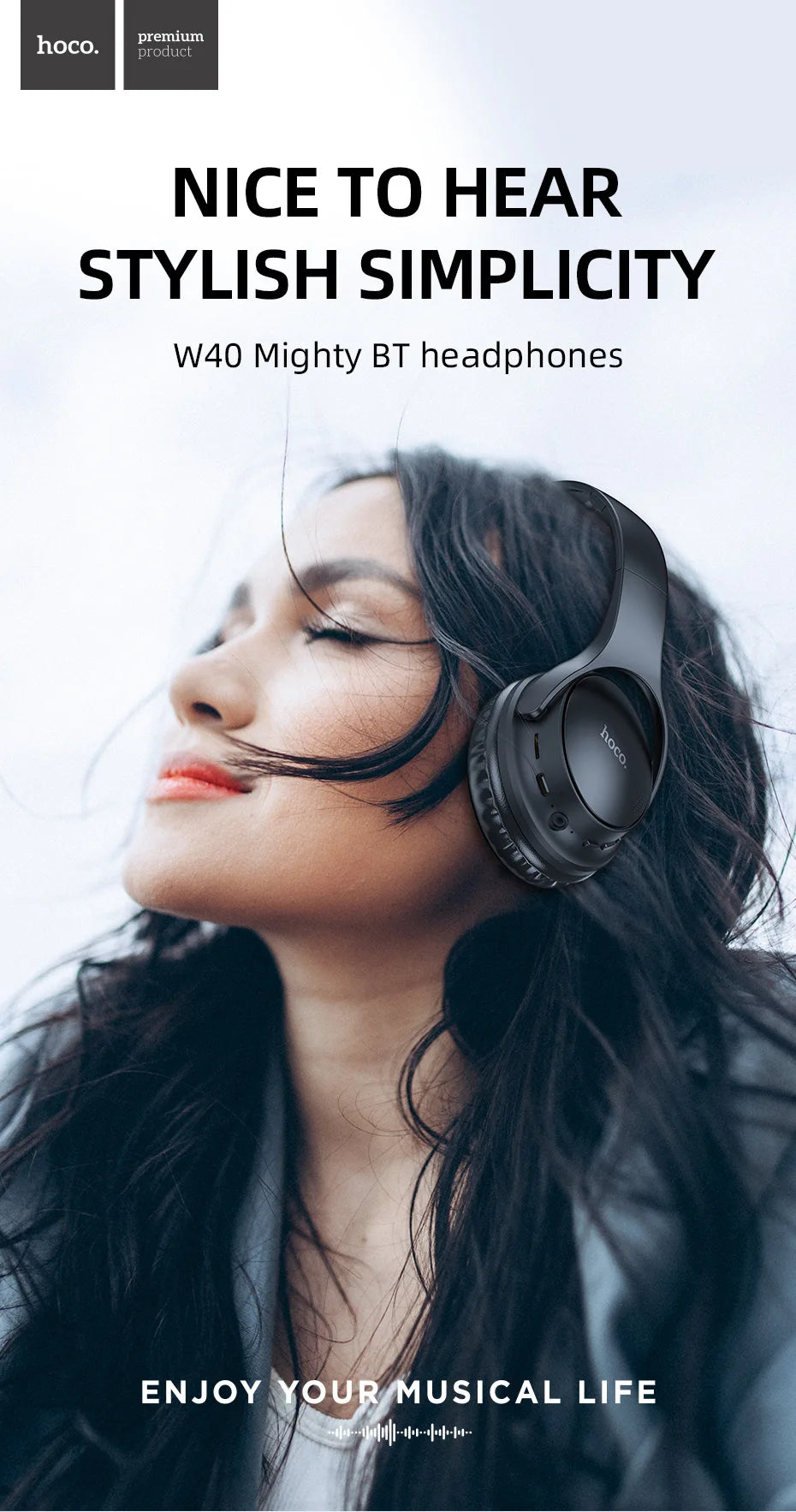 HOCO W40 Bluetooth 5.3 Wireless Headphone Music Headset 40mm Drivers Hands-Free Earphones Support AUX TF HiFi Sport Headphone