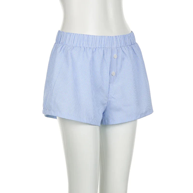 Women's Striped Print Casual Elastic Waist Shorts Y2K Loose Fit Summer Streetwear Chic Basic Fashion Button Detail