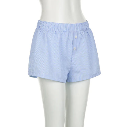 Women's Striped Print Casual Elastic Waist Shorts Y2K Loose Fit Summer Streetwear Chic Basic Fashion Button Detail