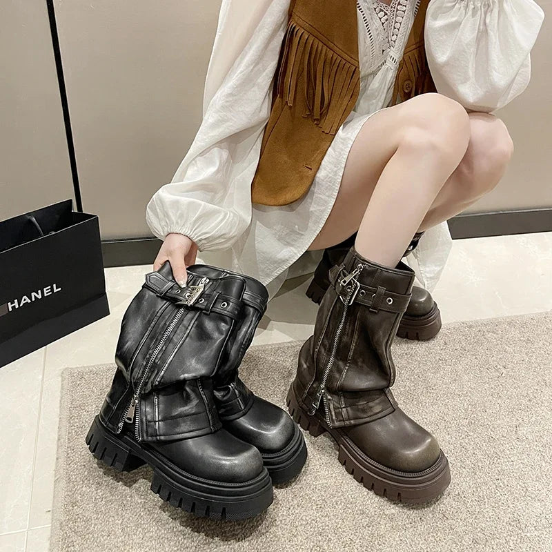 2023 New Shoes for Women Belt Buckle Women's Boots Fashion Side Zipp Modern Boots Women High Quality Round Toe Mid-Calf Zapatos