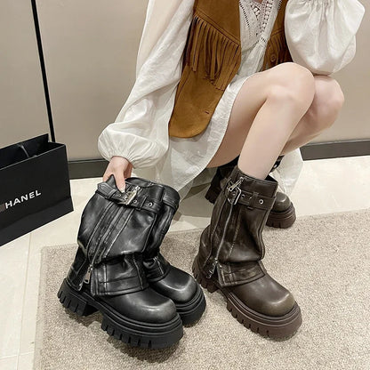 2023 New Shoes for Women Belt Buckle Women's Boots Fashion Side Zipp Modern Boots Women High Quality Round Toe Mid-Calf Zapatos