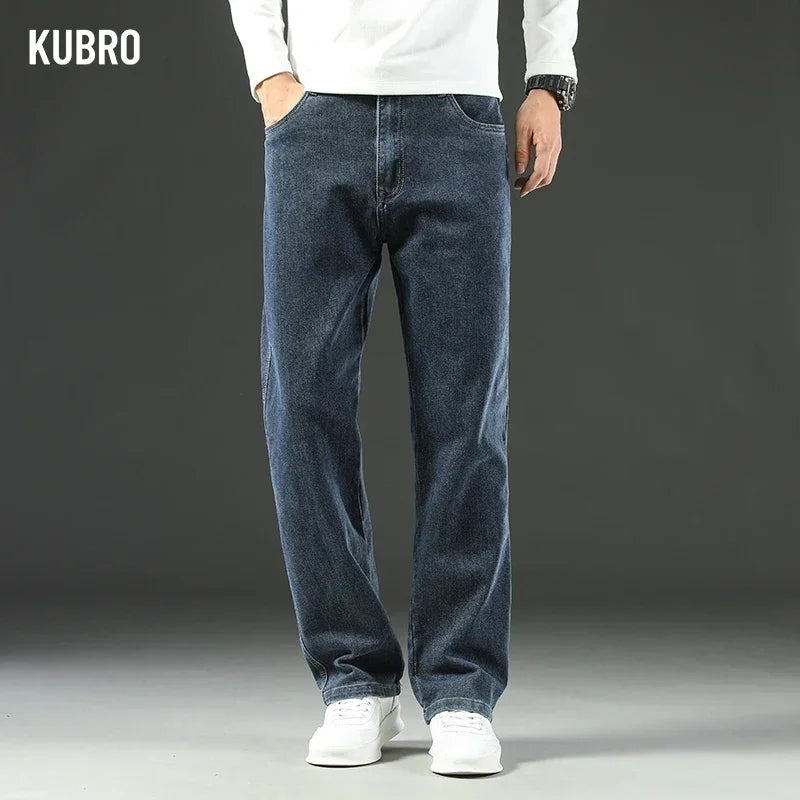 KUBRO 2025 New Autumn and Winter Men's Jeans Loose Comfortable Straight Business Casual Versatile Wide-leg Business Trousers