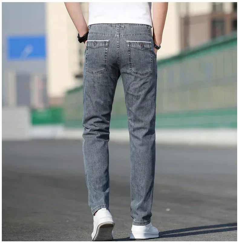 KUBRO 2024 Summer New Men's Loose Stretch Gray Jeans Fashion Casual Stretch Straight-leg Denim Pants Male Light Blue Brand
