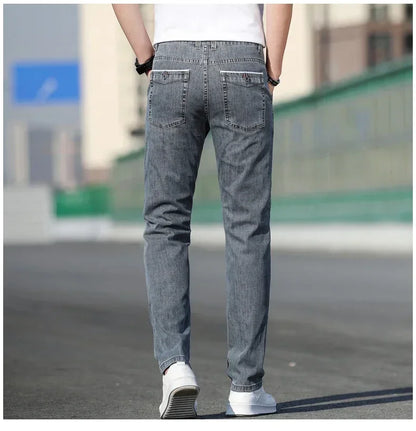 KUBRO 2024 Summer New Men's Loose Stretch Gray Jeans Fashion Casual Stretch Straight-leg Denim Pants Male Light Blue Brand