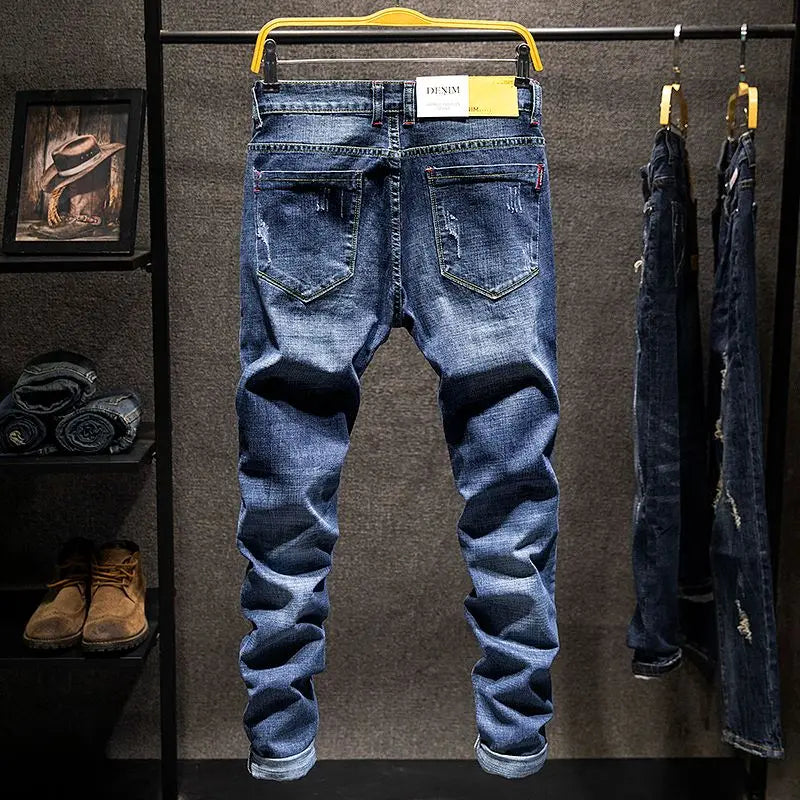 American Elastic Straight Jeans Men Ripped Worn-out Slim-fit Cotton Denim Pants Korean Style Fashion Blue Black Men's Clothing
