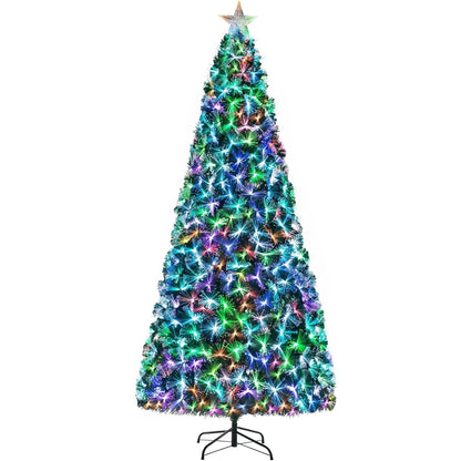 6-8-9-10ft Fiber Optic Christmas Tree, Pre-Lit Artificial Xmas Tree with Multicolor Changing Light, Top Star,Foldable Metal Base