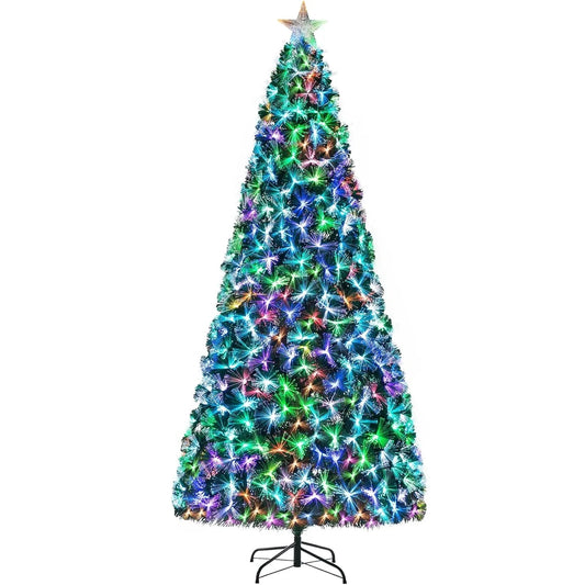 6-8-9-10ft Fiber Optic Christmas Tree, Pre-Lit Artificial Xmas Tree with Multicolor Changing Light, Top Star,Foldable Metal Base