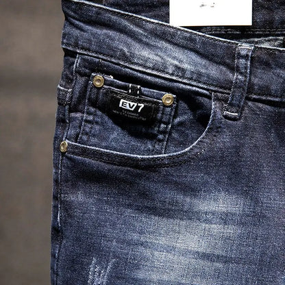 American Elastic Straight Jeans Men Ripped Worn-out Slim-fit Cotton Denim Pants Korean Style Fashion Blue Black Men's Clothing