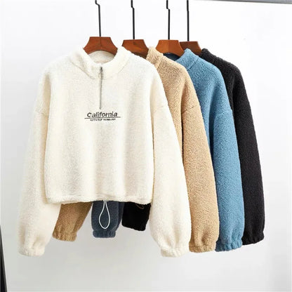 Women Letter Embroidery Stand Neck Fleece Cropped Hoodies Autumn Long Sleeve Drawstring Sweatshirt New Casual Plush Velvet Tops
