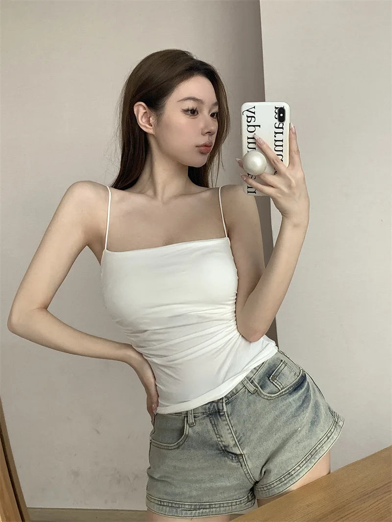 Women's Sleeveless Pleated Slim Fit Vest Sexy Hot Girl Short Top With Thin Shoulder Straps Solid Color Simple Fashion Vest