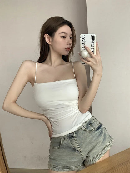 Women's Sleeveless Pleated Slim Fit Vest Sexy Hot Girl Short Top With Thin Shoulder Straps Solid Color Simple Fashion Vest