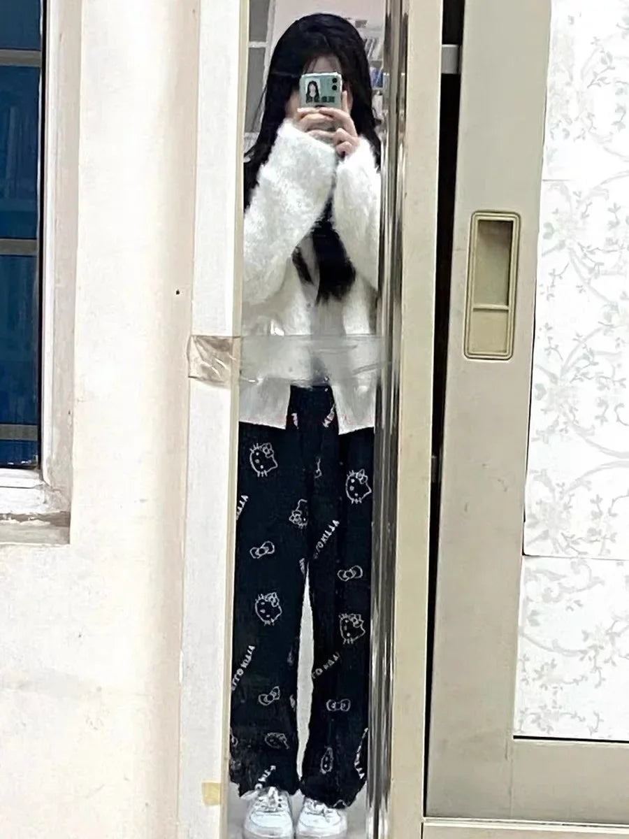 2024 Sanrio Hello Kitty Pajamas Halloween Flannel Fashion Trouserswomen Kawaii Woolen Anime Cartoon Casual Home Pants Autumn