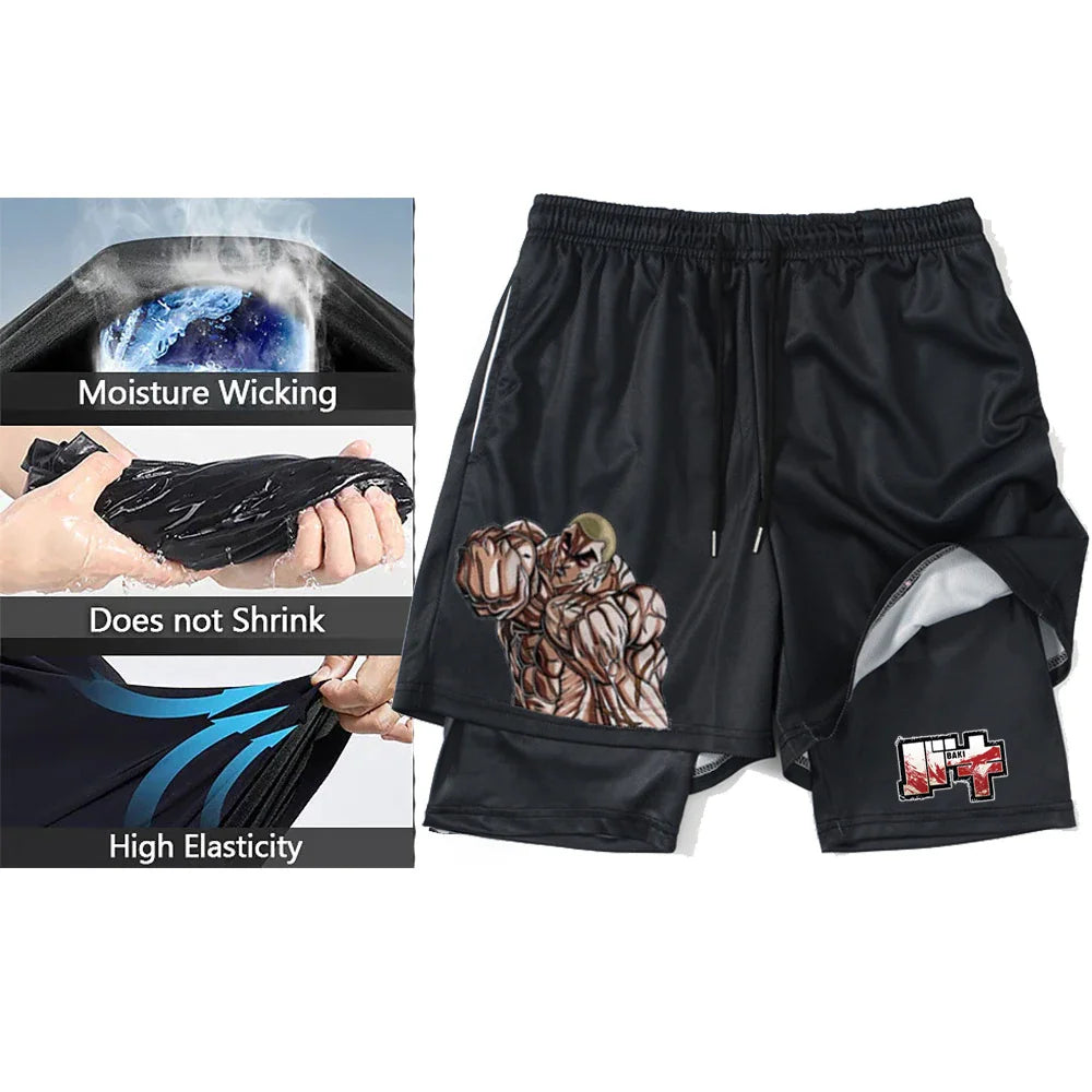 Anime Short Gyms Bilayer 2-in-1 Sports Shorts For Men Sweat-absorbent Quick-drying And Breathable Outdoor Sports Jogging Pants