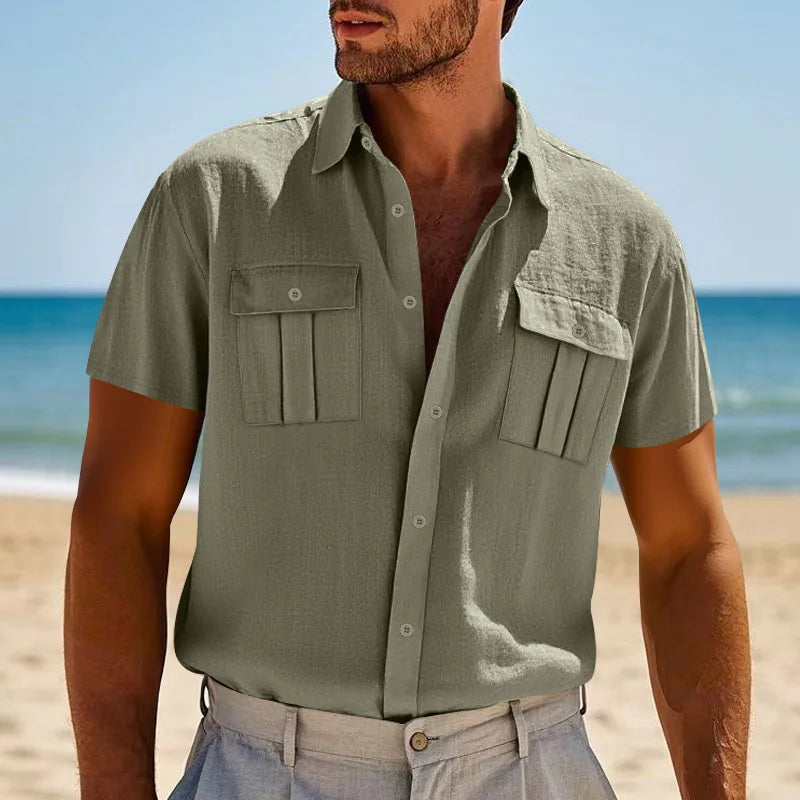 Men's Cotton Linen Short-Sleeved Shirt Summer Solid Color Stand-Up Collar Casual Beach Style plus Size S-5XL
