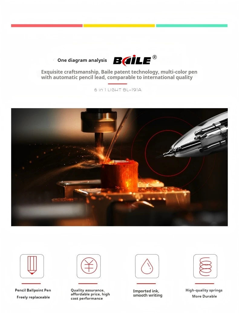 5-Color 0.7mm Ballpoint Pen And 0.5mm Automatic Pencil 6-in-1 Set Creative Writing Office And School Tool