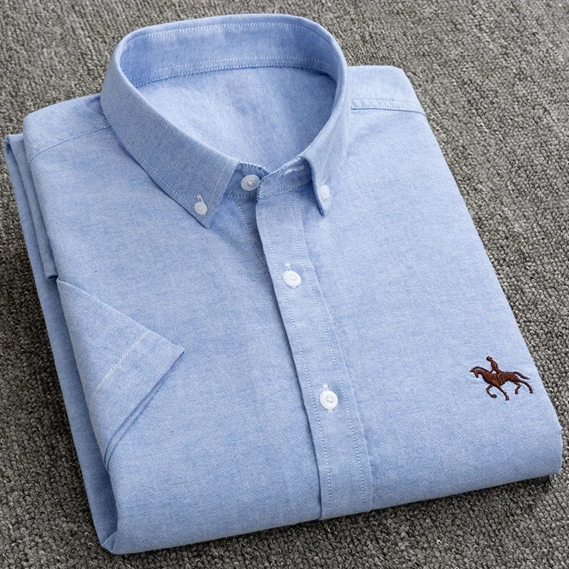 100% Pure Cotton Oxford Shirt For Men’s Short Sleeve Solid Stripe Leisure Embroidered Horse Social Business Formal Dress Shirts