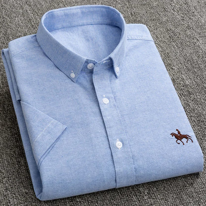 100% Pure Cotton Oxford Shirt For Men’s Short Sleeve Solid Stripe Leisure Embroidered Horse Social Business Formal Dress Shirts