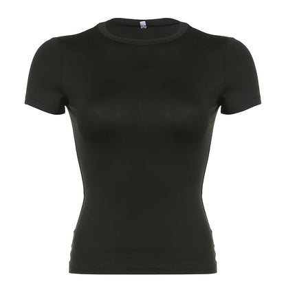 Basic Solid Crop Top Short Sleeve Crewneck Skinny T-shirt Summer Casual Tee for Women Y2K Vintage Top Harajuku Streetwear