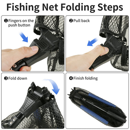 Fishing Landing Net Aluminum Alloy Durable Telescoping Extend to 190cm/130cm/55cm Folding Mesh Safe Fish Catching Releasing