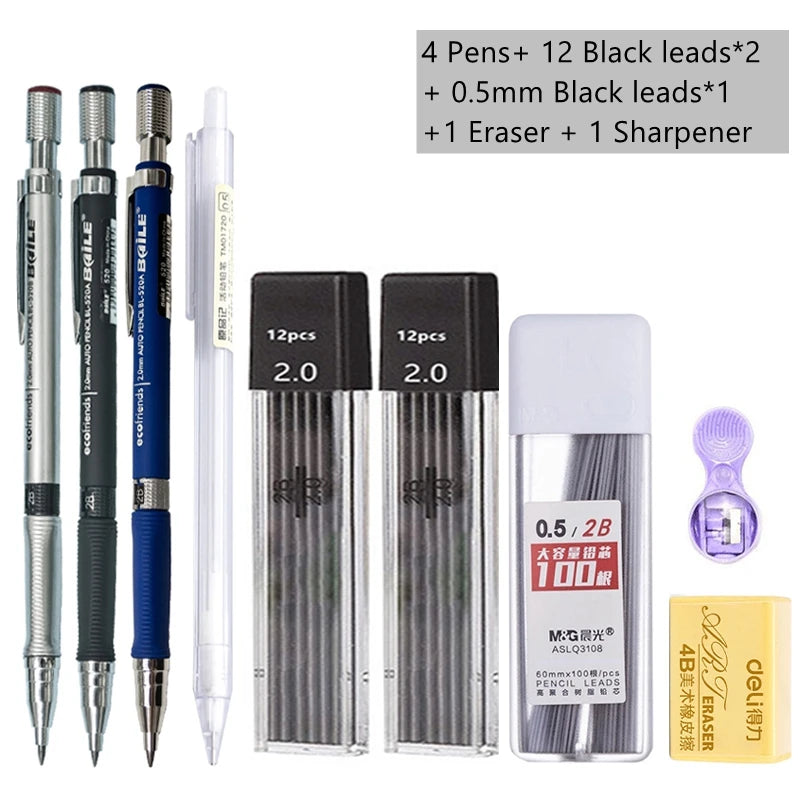 Mechanical Pencil Set 2.0 mm with 2B Black/Colors Lead Refill For Writing Sketching Art Drawing Painting School Automatic Pencil