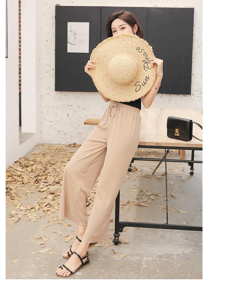 Women Ankle-Length Wide Leg Pants Casual Summer Solid Elastic Waist Loose Ice Silk Pants Spring Summer Female Trousers