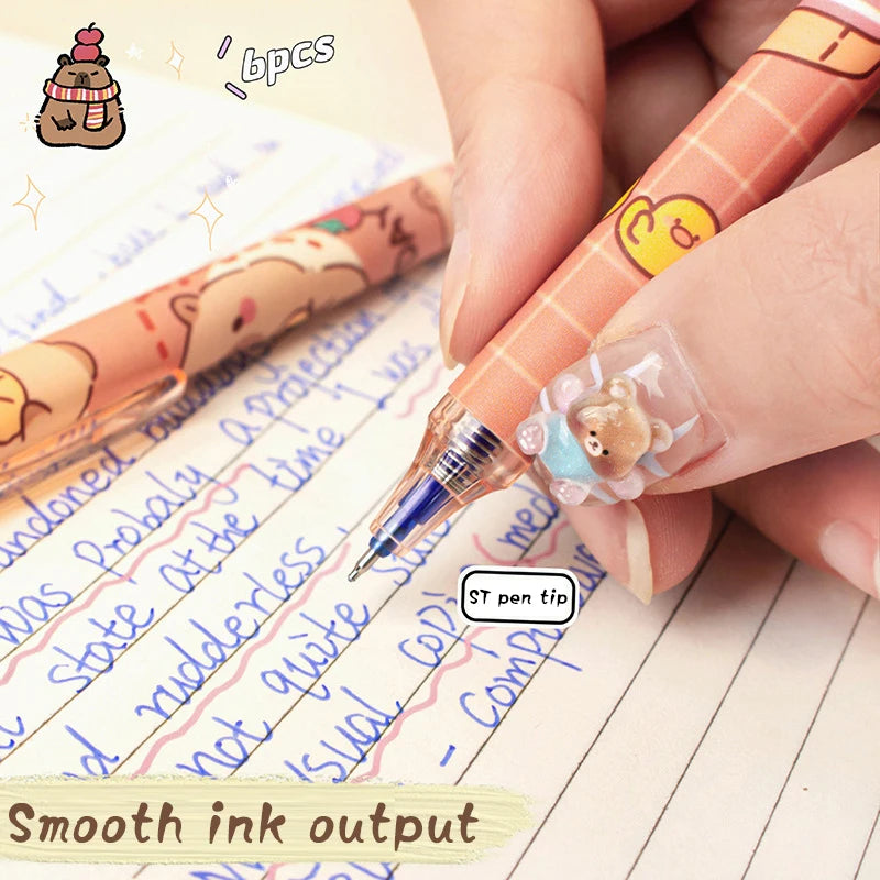Cute Capybara Gel Pens - 6Pcs Kawaii Quick-Drying Blue Erasable Pen Set for Office, School & Aesthetic Stationery