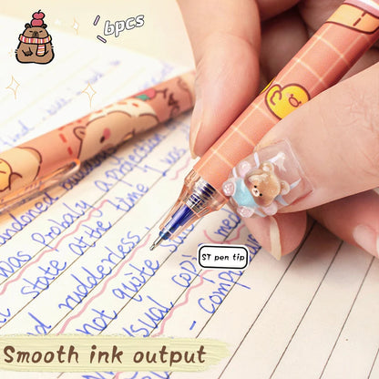 Cute Capybara Gel Pens - 6Pcs Kawaii Quick-Drying Blue Erasable Pen Set for Office, School & Aesthetic Stationery
