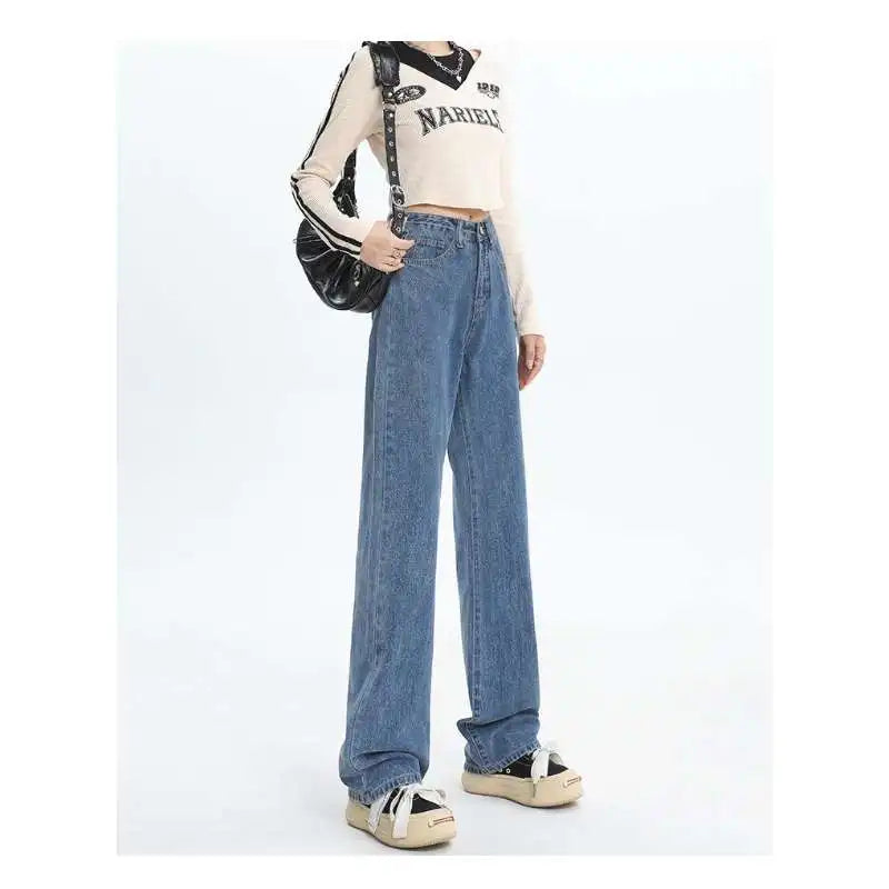 Woman Vintage Wide Leg Jeans Girls High Waist Pants Female Fashion Black Black Grey Retro Blue Light Blue Pink Denim Trousers