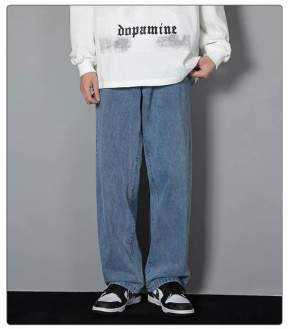 Korean Solid Colors Men's Casual Long Jeans Classic Man Four Seasons Straight Denim Wide-leg Pants Light Blue Grey Black 3XL