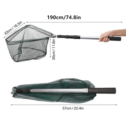 Fishing Landing Net Aluminum Alloy Durable Telescoping Extend to 190cm/130cm/55cm Folding Mesh Safe Fish Catching Releasing