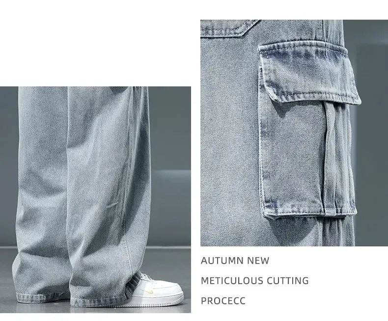 8XL Jeans New Wide Leg Washing Pants Men Trousers Neutral Solid Color Loose Casual Korean Fashion Pocket Plus Size Cargo Pant