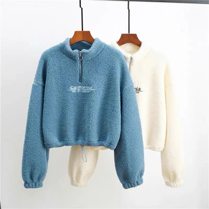 Women Letter Embroidery Stand Neck Fleece Cropped Hoodies Autumn Long Sleeve Drawstring Sweatshirt New Casual Plush Velvet Tops