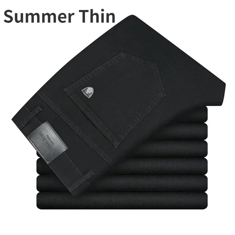 2024 Brand Thin or Thick Material Men's Elastic Cotton Jeans Fashion Gray Comfortable Denim Business Casual High Waist Pants