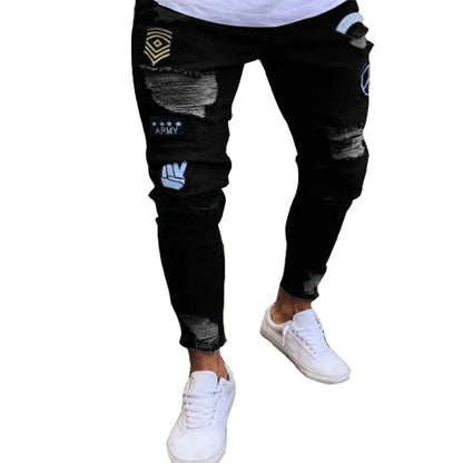 White Embroidery Skinny Ripped Jeans Men Cotton Stretchy Hole Slim Fit Hip Hop Denim Pants Casual Jeans for Men Jogging Trousers