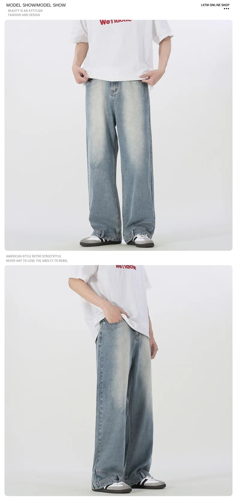 Vintage American Retro Reverse Side Turned Denim Jeans Men Women Couple Straight Wide Leg Baggy Drag Pants Trendy