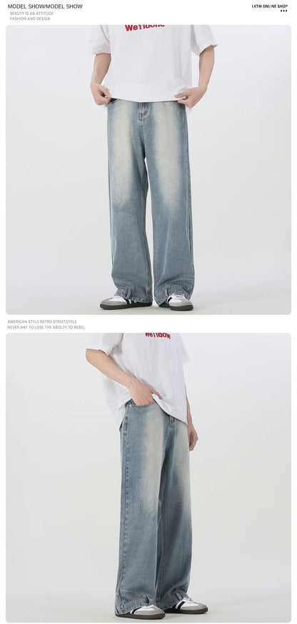 Vintage American Retro Reverse Side Turned Denim Jeans Men Women Couple Straight Wide Leg Baggy Drag Pants Trendy