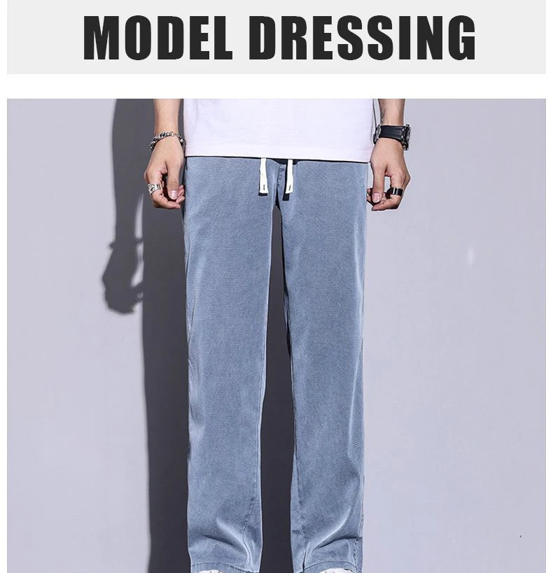 Summer soft Lyocell fabric men's jeans loose straight leg pants drawstring elastic waist Korean casual pants plus size M-5XL