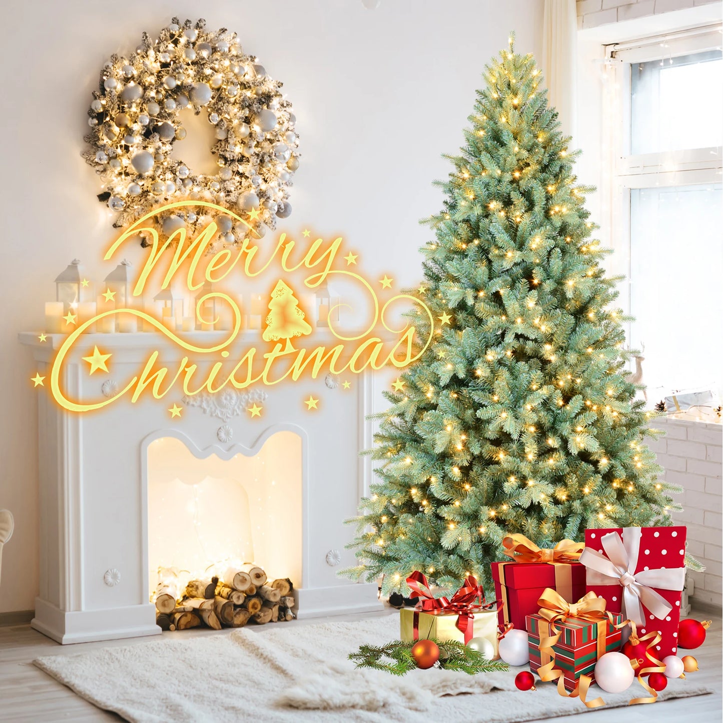 PE+PVC Artificial Christmas Tree with 800LED Warm White Light Metal Stand Premium Xmas Tree with 3268 Branch Tips Easy Assemble