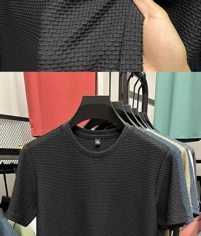 MINISO Bamboo Mesh Ice Silk T-shirt Men's Short sleeved Round Neck New T-sleeved Men's Bottom Shirt Summer Solid Color Men's Top