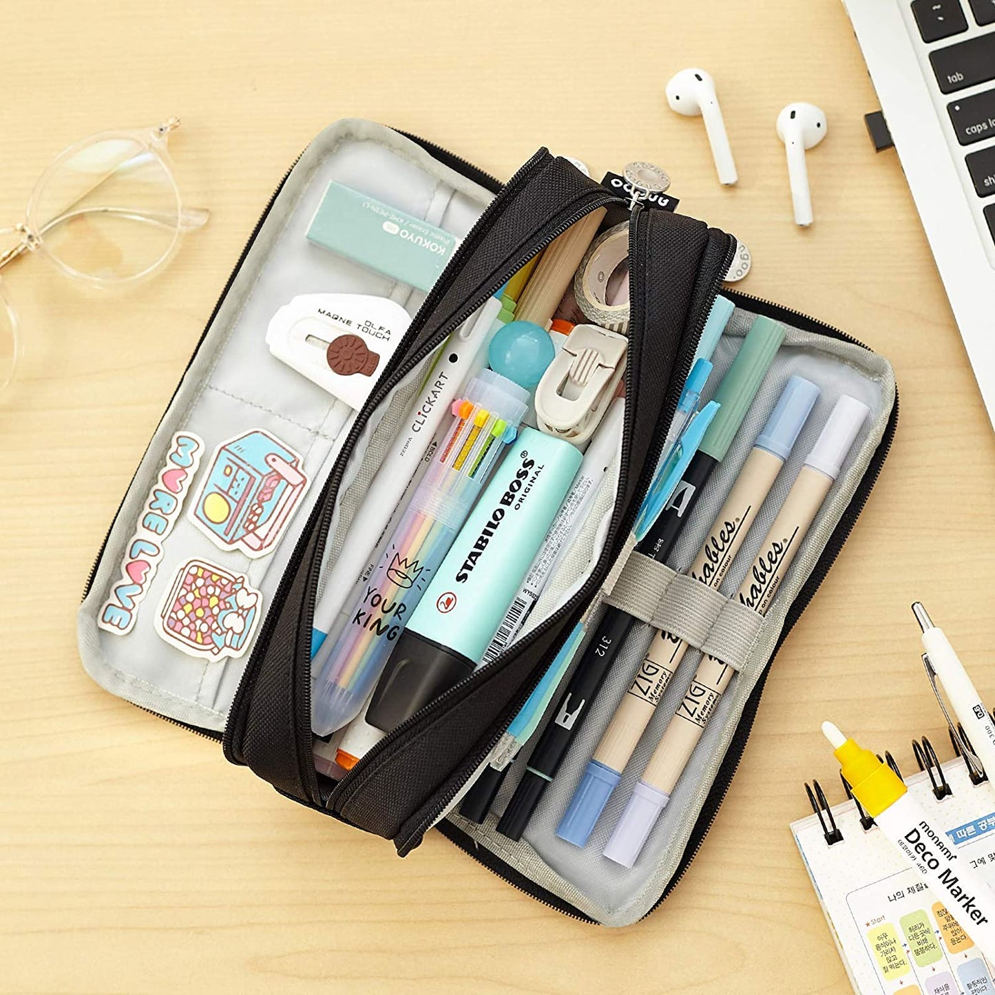 Kawaii Large Capacity Pencil Case 3 Compartment Pouch Pen Bag Double Side Opening Student Stationery Organizer School Supplies