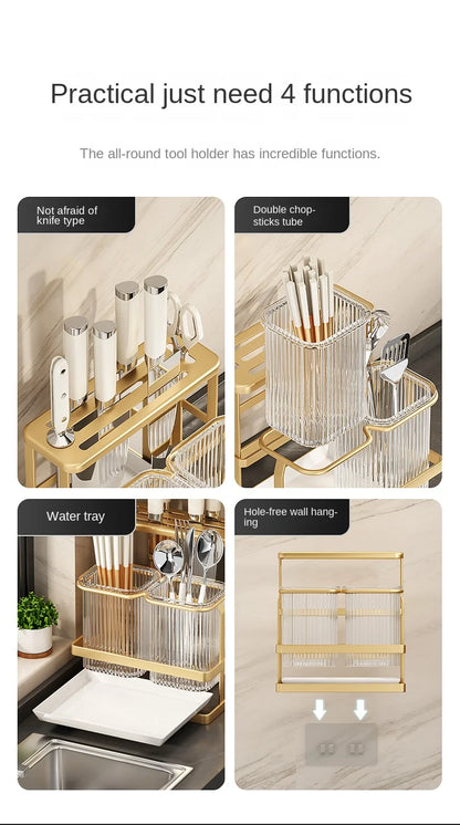 Kitchen knife rack, chopstick holder, wall-mounted multifunctional countertop, cutting board, and tool storage rack