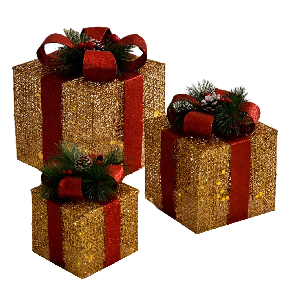 Christmas Foldable Lighted Metal Boxes 25/20/15CM Set of 3 Battery Operated for Outdoor Indoor Christmas Tree/Yard/Home Decor