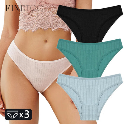 FINETOO 3PCS/SET Women's Cotton Panties Soft Striped Underpants Sexy Solid Color Briefs Female Comfortable Stretch Lingerie M-XL