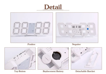 Wall Clock Digital Alarm Modern Kitchen Electronic Smart 3D USB Power Supply LED Time Date Temperature Display Desktop Bedroom