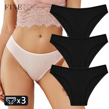 FINETOO 3PCS/SET Women's Cotton Panties Soft Striped Underpants Sexy Solid Color Briefs Female Comfortable Stretch Lingerie M-XL